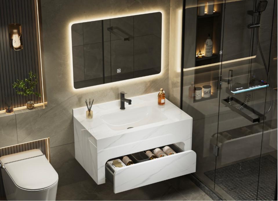 Vasque simple tiroir Marble Essence + Miroir LED